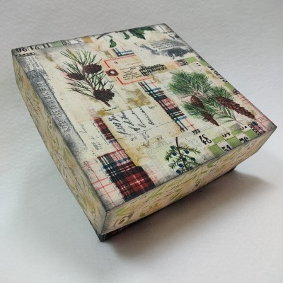 Caixa decorativa quadrada com padrão de pinhas, folhas e elementos gráficos em várias cores