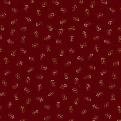 Tecido vermelho com padrão de folhas e flores bege