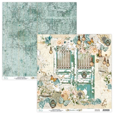 Papel decorativo dupla face com padrão envelhecido e imagem de porta antiga com flores