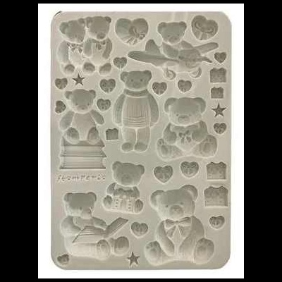 Forma silicone cinzenta com moldes de ursinhos, corações, estrelas e uma ribeira