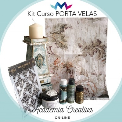 Kit para curso porta velas com suporte decorativo, vela, tintas, creme, stencil e papel decorativo