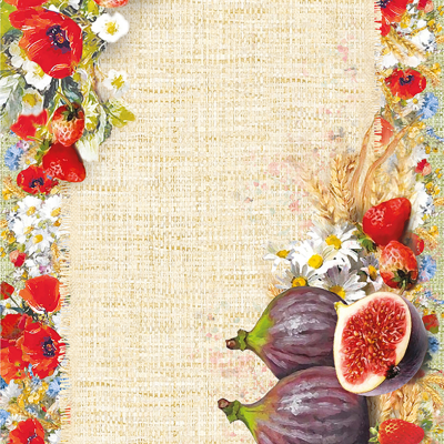 Papel decorativo A4 com flores vermelhas e frutas em volta e centro de textura saco de juta
