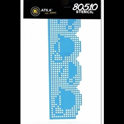 Stencil azul com padrão decorativo em embalagem preta da ATILA