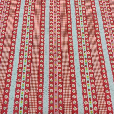 Tecido listrado com padrão xadrez e flores pequenas em vermelho, azul claro e rosa