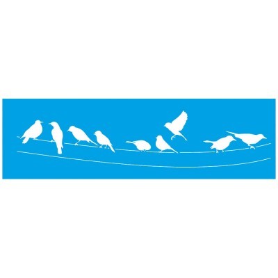 Silhuetas brancas de pássaros sobre fundo azul em fios pretos