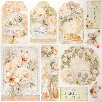 Etiquetas e cartões decorativos para casamento com flores, borboletas, bolo, vestido, alianças e textos