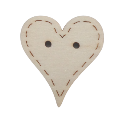 Botão de madeira em forma de coração com padrão pontilhado e dois buracos para costura
