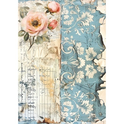 padrão floral vintage com rosas e padrão decorativo azul e branco envelhecido