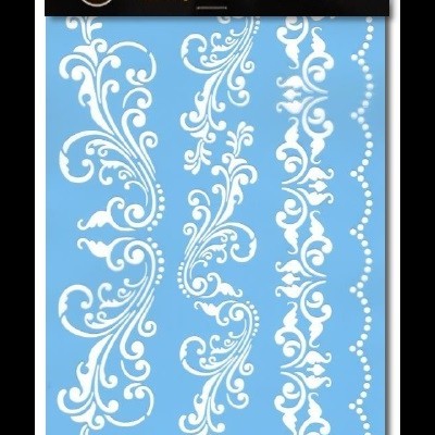 Stencil decorativo branco com padrão floral em fundo azul claro e embalagem preta ATILA