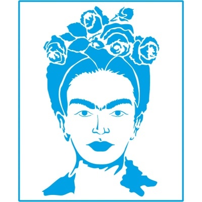 Desenho azul estilizado de rosto feminino com rosas na cabeça.