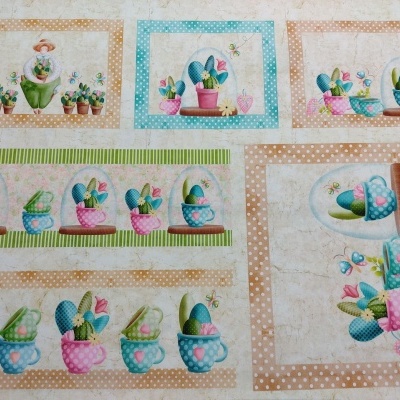 Tecido estampado com desenhos de vasos, cactos e flores em padrões com bolinhas