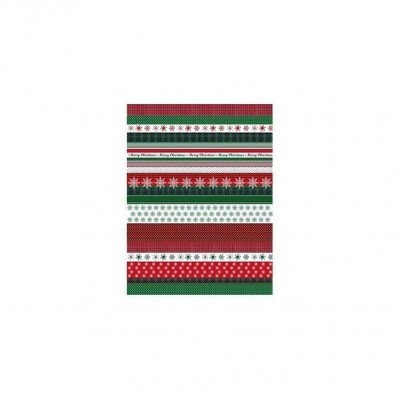 Pano de tecido com padrão de riscas horizontais decorativas em cores natalícias e texto Merry Christmas.