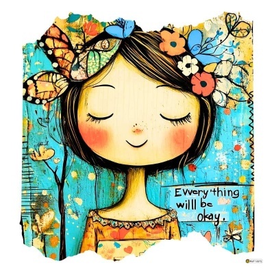 Ilustração de rapariga sorridente com flores e borboleta no cabelo e texto inspirador em fundo azul