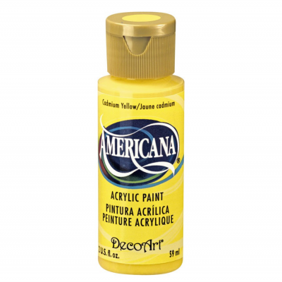 Frasco amarelo de tinta acrílica Americana DecoArt com tampa dourada