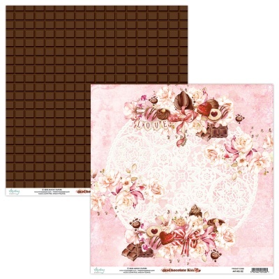 Papel scrapbooking dupla face com padrão chocolate e floral cor-de-rosa