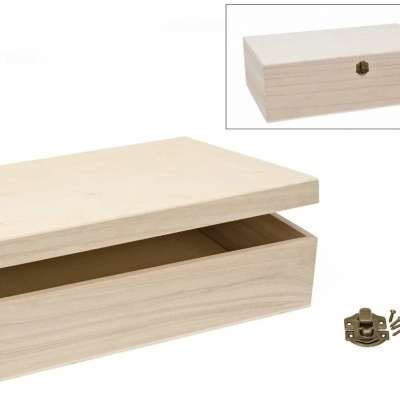 Caixa de madeira clara com tampa destacável e fecho metálico separado