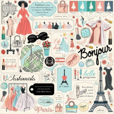 Colagem colorida com elementos de moda, frases em inglês e francês, e a Torre Eiffel.