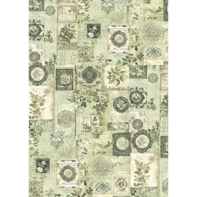 Padrão decorativo em tons verdes com flores e ornamentos em estilo vintage.