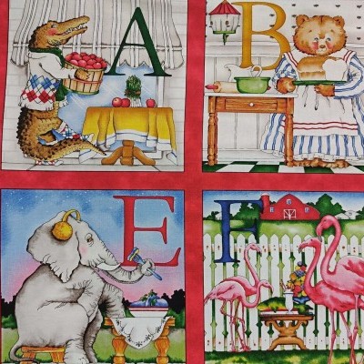 Ilustrações de animais com letras A, B, E e F em fundo vermelho