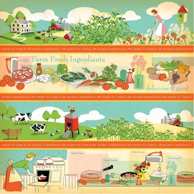 Ilustração com cenas de agricultura e culinária, legumes frescos, vacas, mulher a colher flores e cozinheira