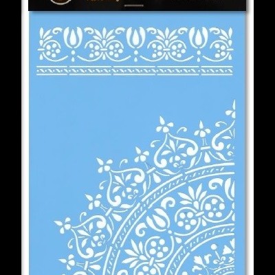 Estêncil decorativo azul claro com embalagem preta e texto visível