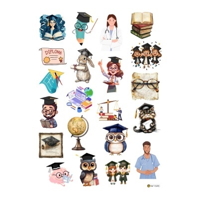 Autocolantes coloridos com temas educativos e académicos incluindo coruja, médico, diploma, globo e estudantes.