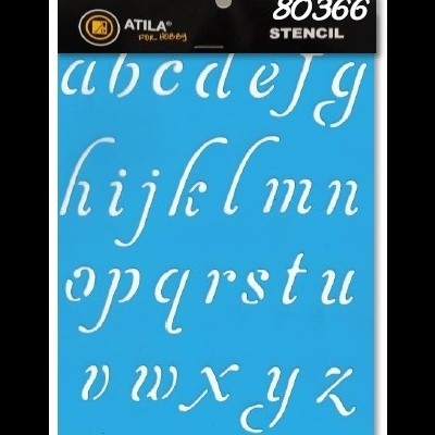 Estêncil azul com letras minúsculas caligráficas e embalagem preta da ATILA