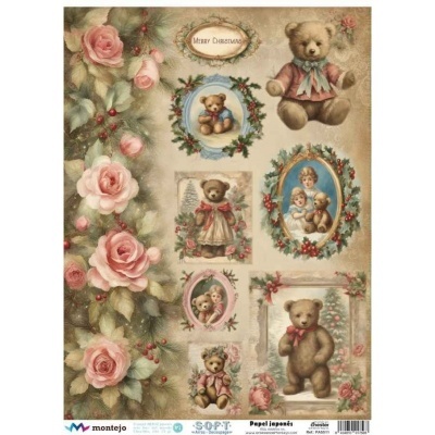 Papel japonês decorativo com ursos de pelúcia e rosas vintage