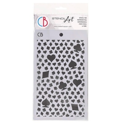 Estêncil plástico com padrão de naipes de cartas em embalagem plástica com etiqueta branca