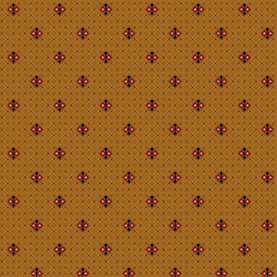 Padrão têxtil repetitivo em amarelo-mostarda com detalhes vermelhos e pretos