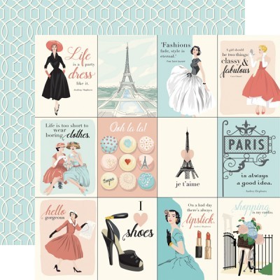 Ilustrações vintage de moda e Paris com mulheres, sapatos, macarons, Torre Eiffel e textos inspiradores.