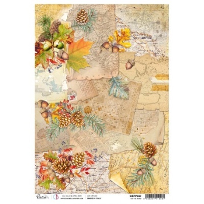 Papel decorativo com mapas antigos, folhas de outono, pinhas e bolotas em estilo vintage.