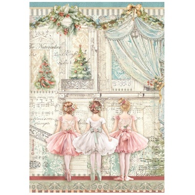 Desenho de três bailarinas de costas em vestidos rosa e branco num cenário decorado de Natal