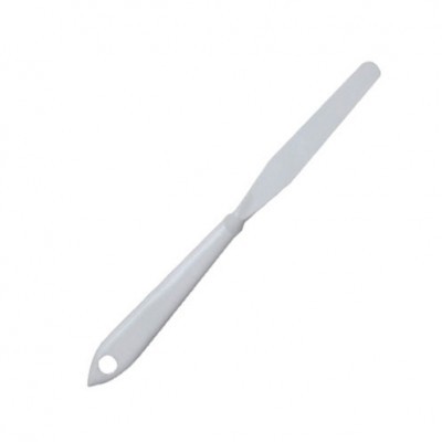 Espátula branca fina de plástico com orifício no cabo