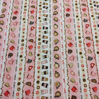 Tecido com padrão de café, doces e palavras em cores suaves