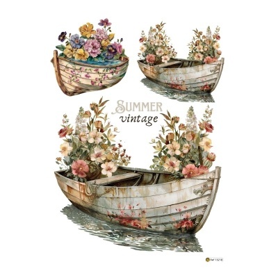 Três barcos vintage com flores coloridas e texto 'SUMMER vintage'