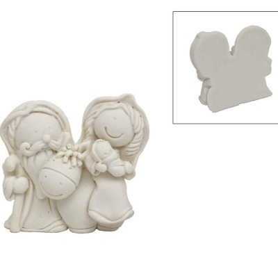 Figura decorativa de resina bege clara de presépio com Maria, José e burro