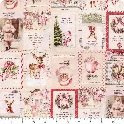 Tecido natalício com desenhos vintage em tons de rosa e vermelho