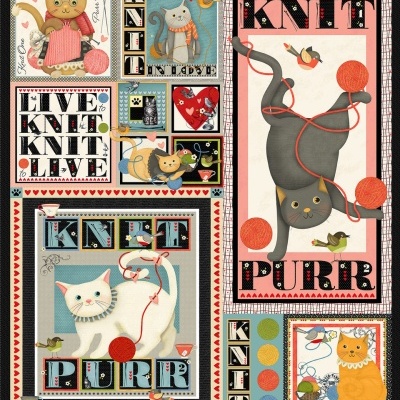 Ilustrações decorativas de gatos e novelos com texto sobre tricô e corações.