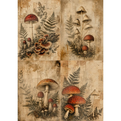 Ilustrações botânicas de cogumelos e samambaias em estilo vintage com fundo envelhecido