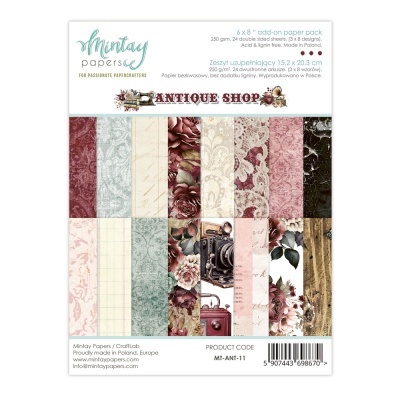 Pacote de papel para scrapbooking com padrões vintage e texto ANTIGUE SHOP
