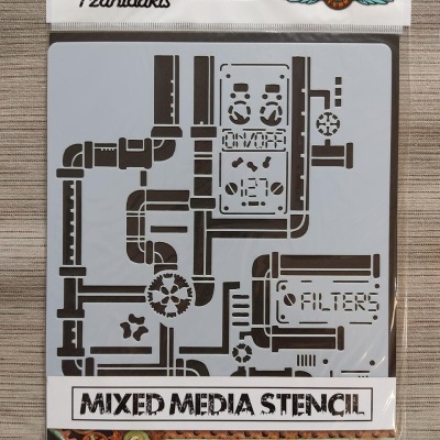 Stencil de mídia mista com design mecânico de tubos e engrenagens