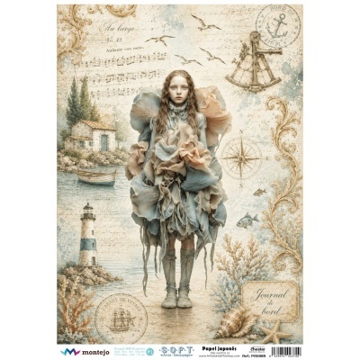 Ilustração artística com rapariga vestindo um vestido volumoso, cenário marítimo e texto em francês.