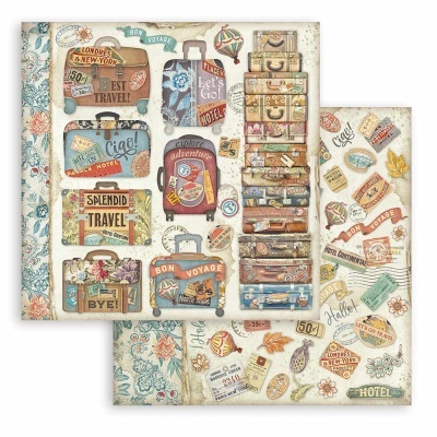Papel decorativo com padrão de malas de viagem vintage e etiquetas coloridas