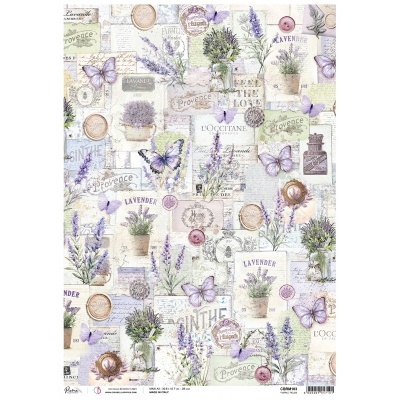 Papel decorativo com padrão de lavanda, borboletas e textos