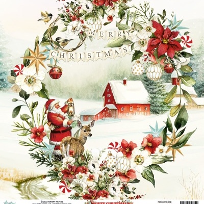 Coroa floral natalícia com papai noel, veado, casa vermelha e texto MERRY CHRISTMAS