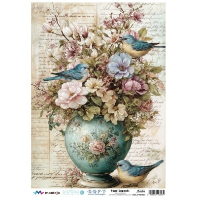 Vaso azul decorado com flores e pássaros em ilustração com texto manuscrito ao fundo