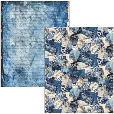 Papel decorativo com dois padrões em azul e bege