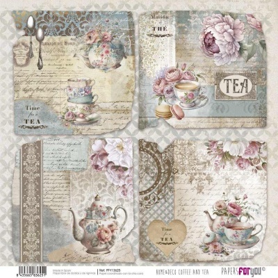 Quatro cartões decorativos vintage com temas de chá, flores e texto em tons pastel
