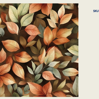 Padrão decorativo com folhas multicoloridas e texto SKU 2900459